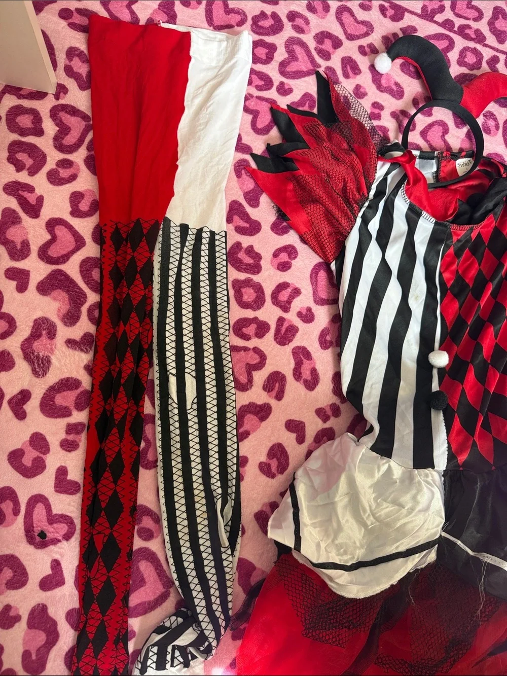 Spirit Red, Black & White Harlequin Jester Costume with Headband